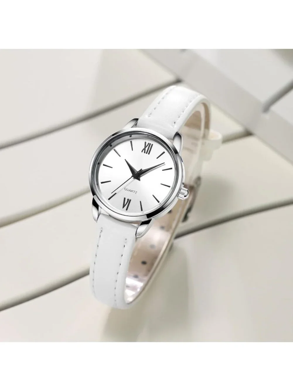 Women's White Analog Quartz Leather Strap Solid Round Minimalist Wrist Watch